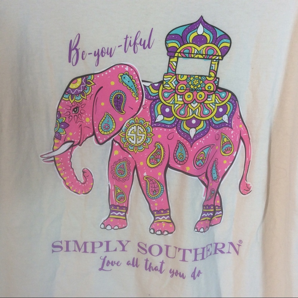 Simply Southern Pink Elephant Long Sleeve Cream T Shirt Casual Pullover Top